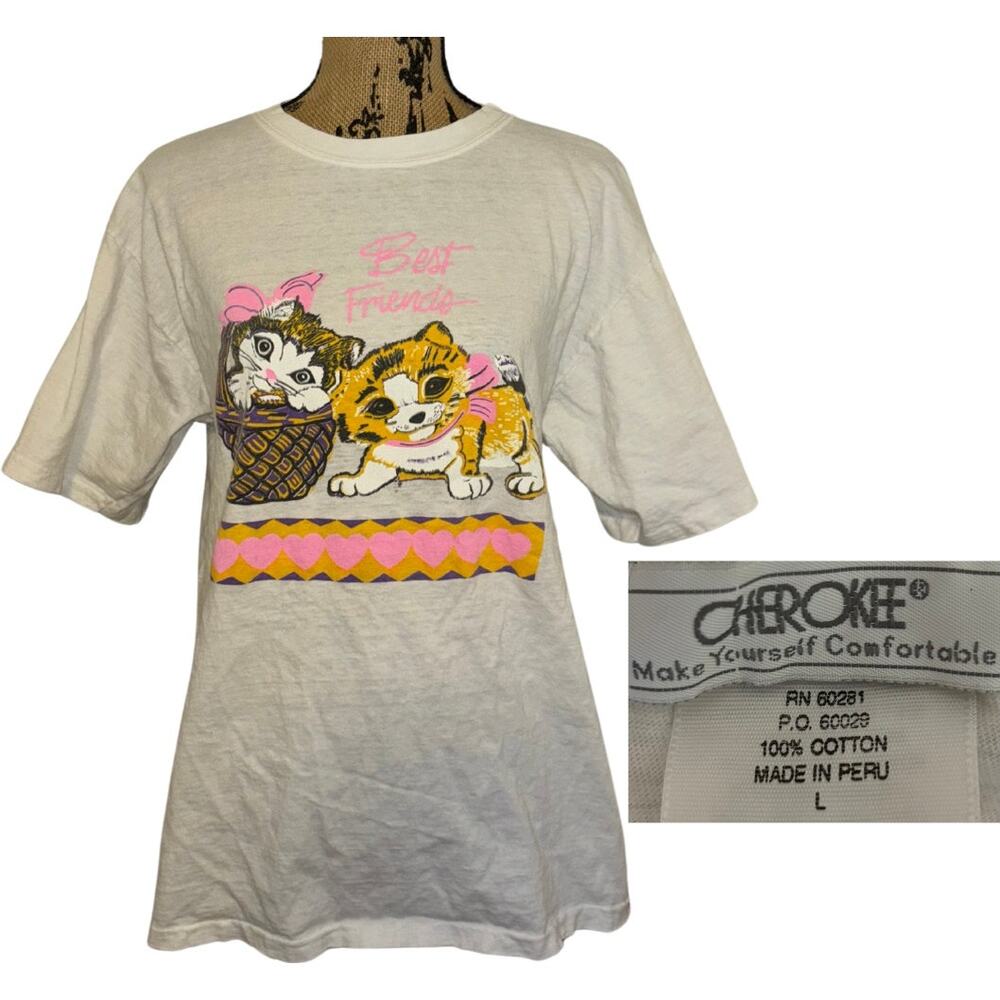 80s Cherokee Best Friends Cats T Shirt White Pink Size Large Vintage Cute Kitten